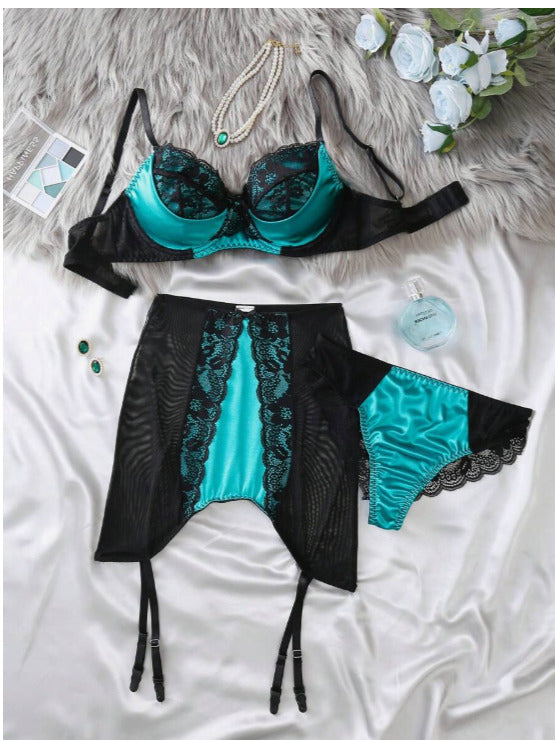 Lencería verde negra (3 piezas) (Talla S XL)