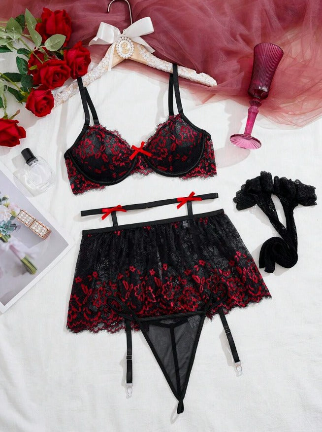 Lencería negra roja (5 piezas) (Talla S XL)