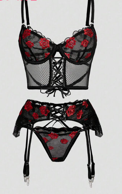 Lencería negra roja (3 piezas) (Talla L)