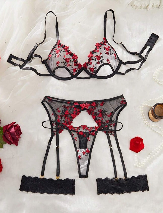 Lencería negra roja (5 piezas) (Talla XS S M L XL)
