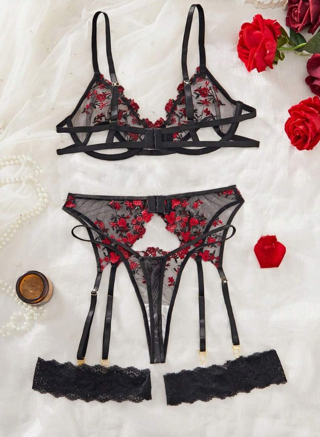 Lencería negra roja (5 piezas) (Talla XS S M L XL)