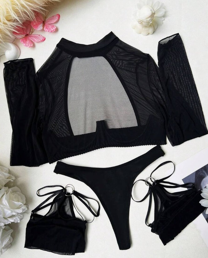 Lencería negra (4 piezas) (Talla M)